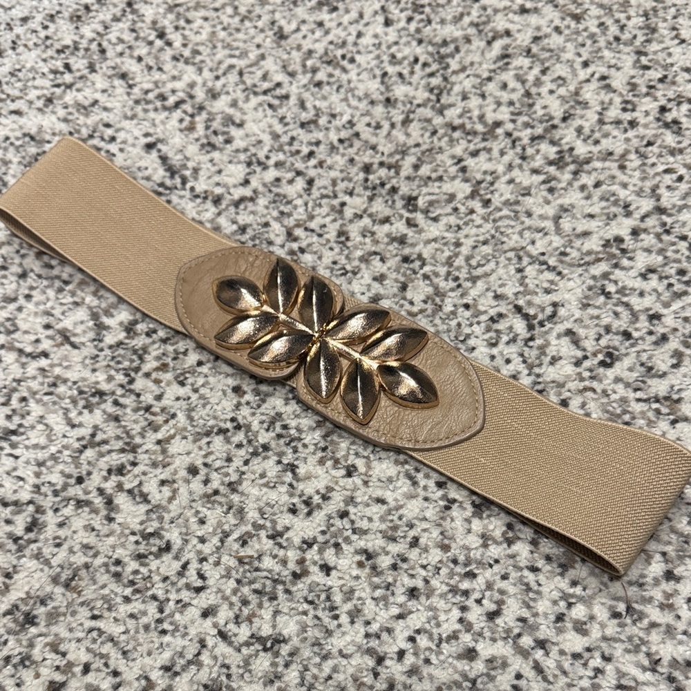 Elegant Tan Belt with Gold Leaf Design